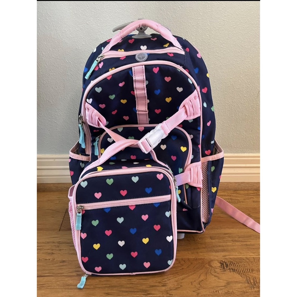 Pottery Barn Girls McKenzie Rolling Backpack & Lunch Box Navy Hearts